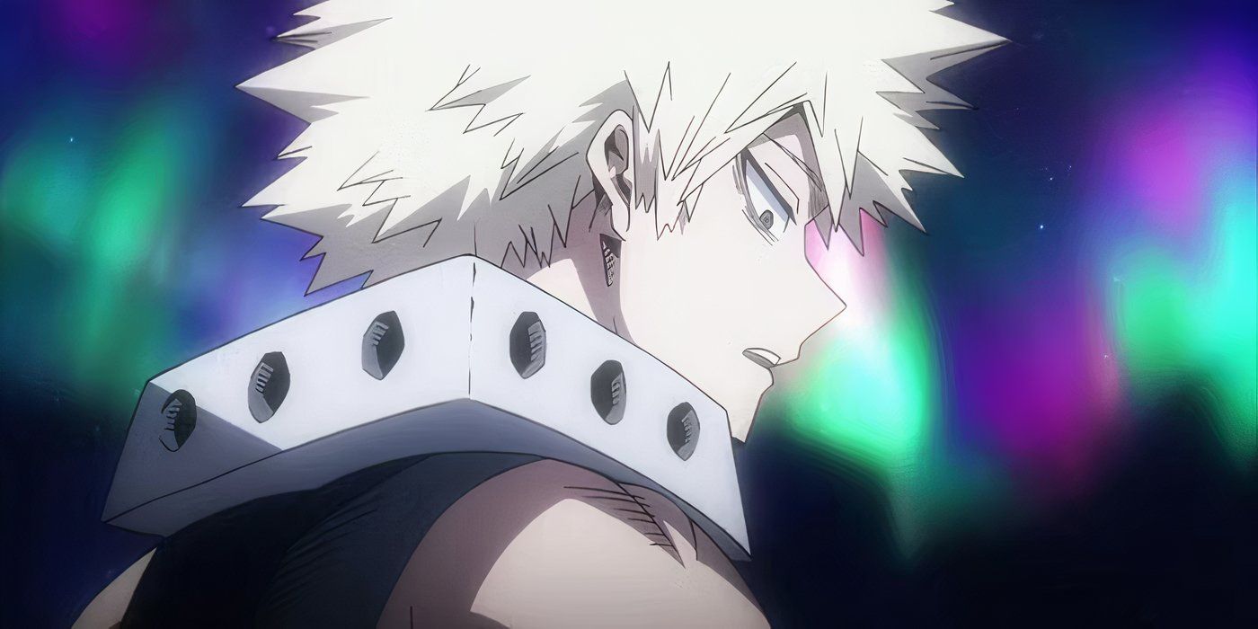 Bakugo talking over his shoulder with neon lights behind him in My Hero Academia