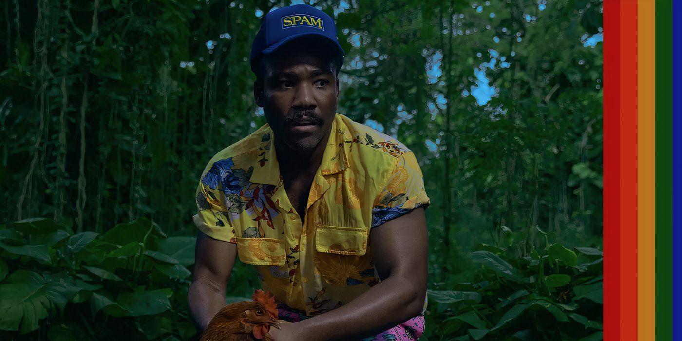 Donald Glover sitting in a jungle wearing a Hawaiian shirt and &ldquo;Spam&rdquo; hat on the album cover for Bando Stone and the New World.