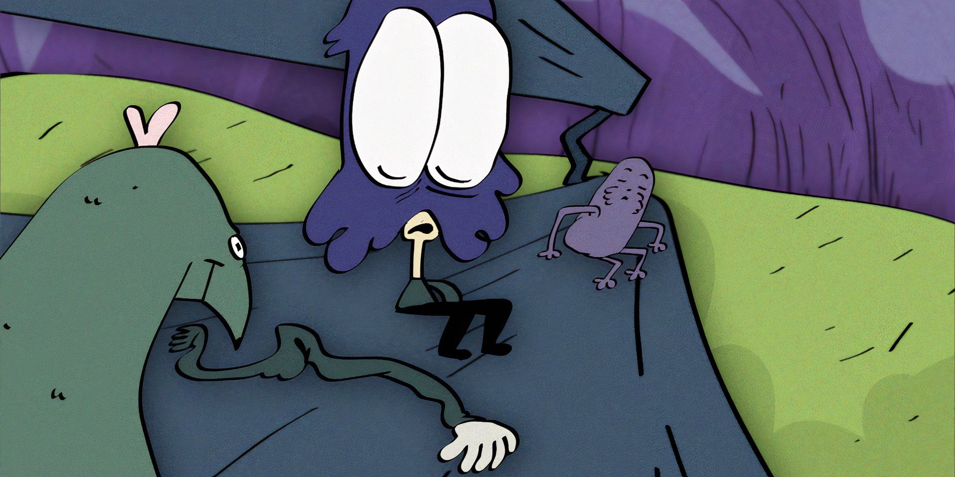 Barber staring on in horror at their arm having fallen off while sitting on a bench with a large rat and a small mole man in &lsquo;Barber Westchester&rsquo; (2021)