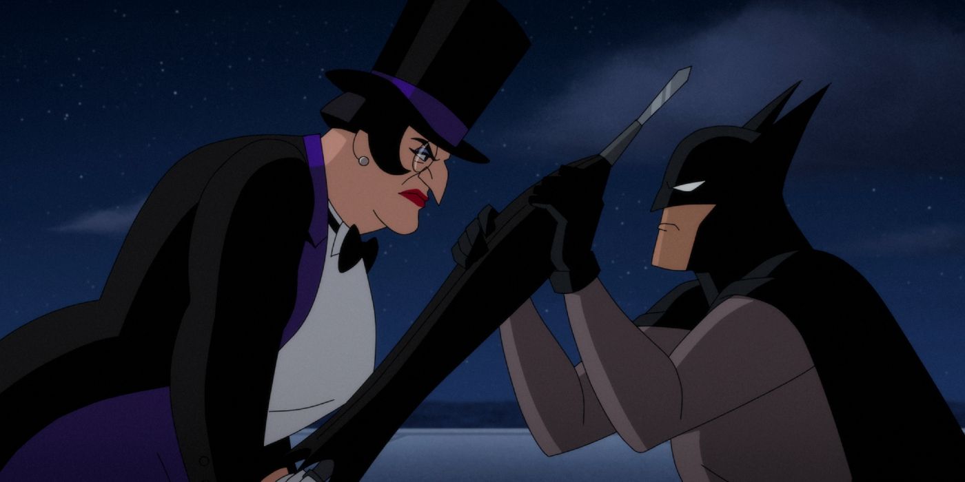 Oswalda Cobblepot fighting Batman with her umbrella in 'Batman: Caped Crusader