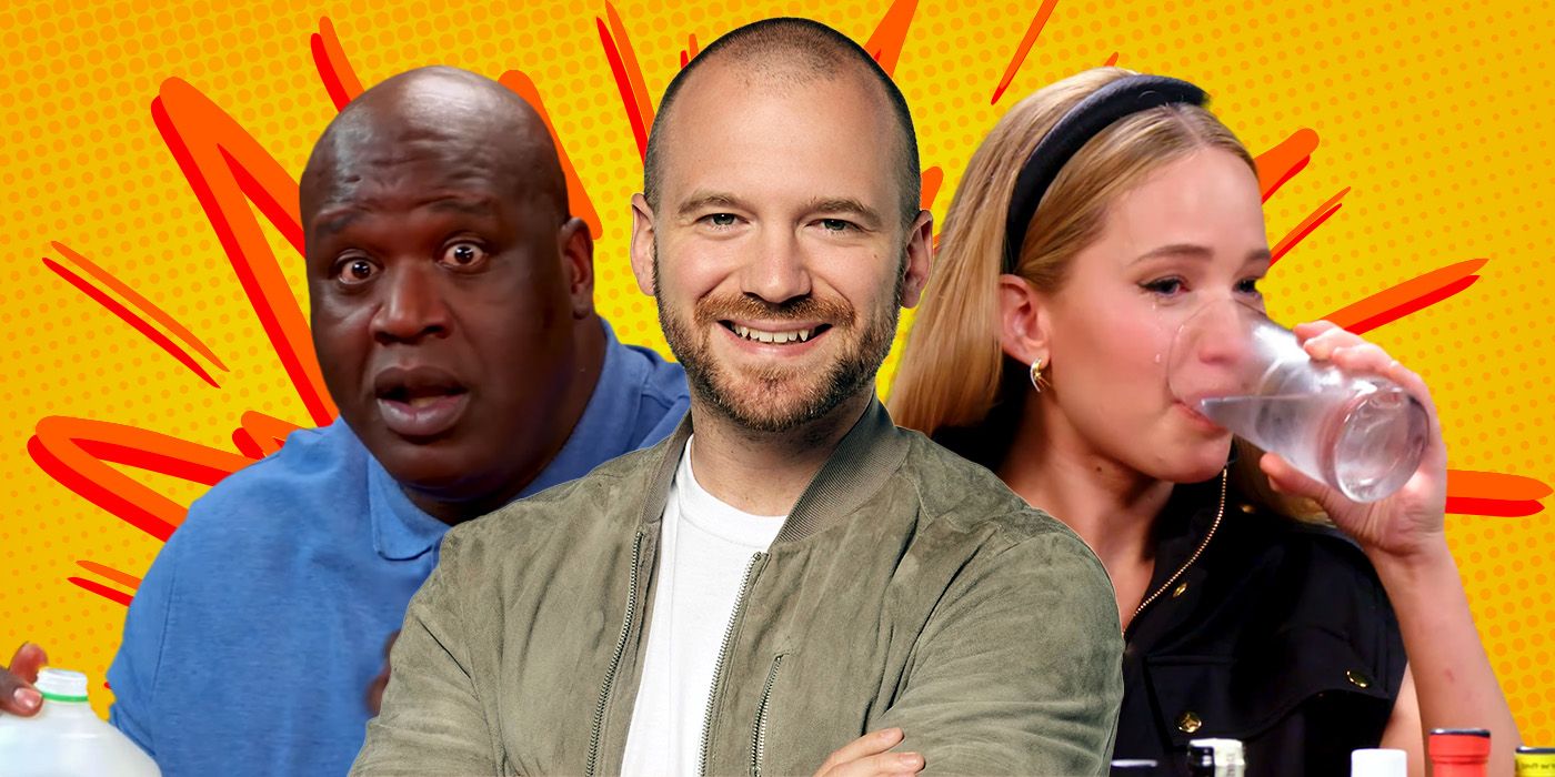 A composite image showing Hot Ones host Sean Evans with Shaquille O'Neal and Jennifer Lawrence.