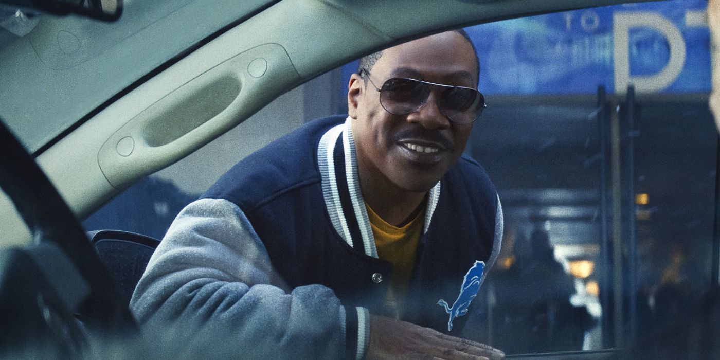 Eddie Murphy as Axel Foley wearing sunglasses and leaning through a car window in Beverly Hills Cop 4.