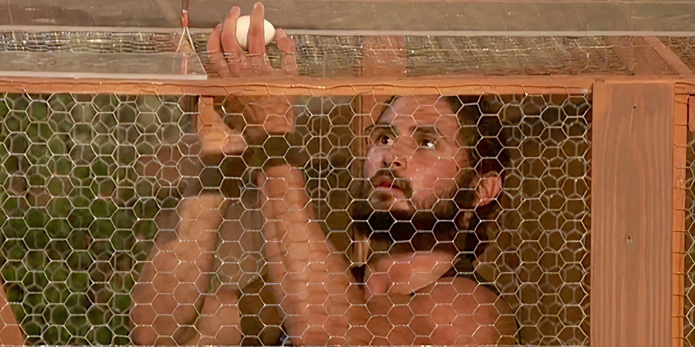 A player navigating an egg through a cage in a scene from Big Brother