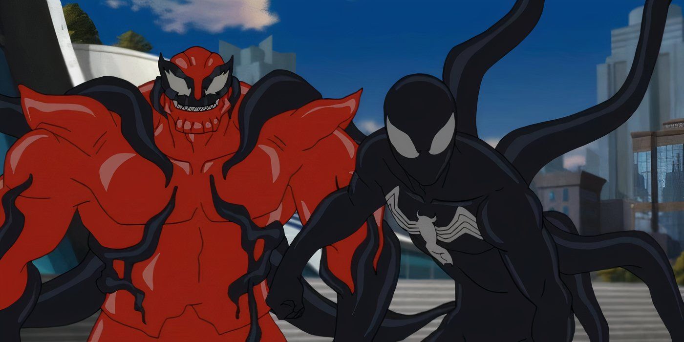 Black suited Spider-Man standing in front of Carnage Thanos in Marvel's Guardians of the Galaxy