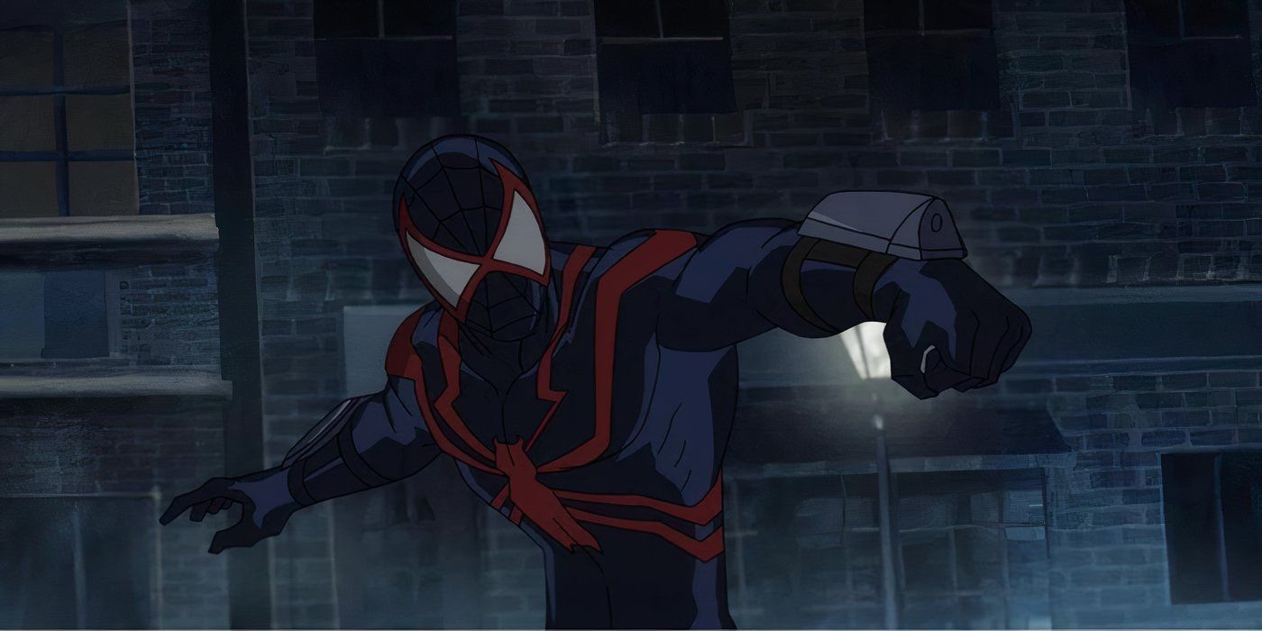 Blood Spider aiming his wrist weapon off screen in Ultimate Spider-Man