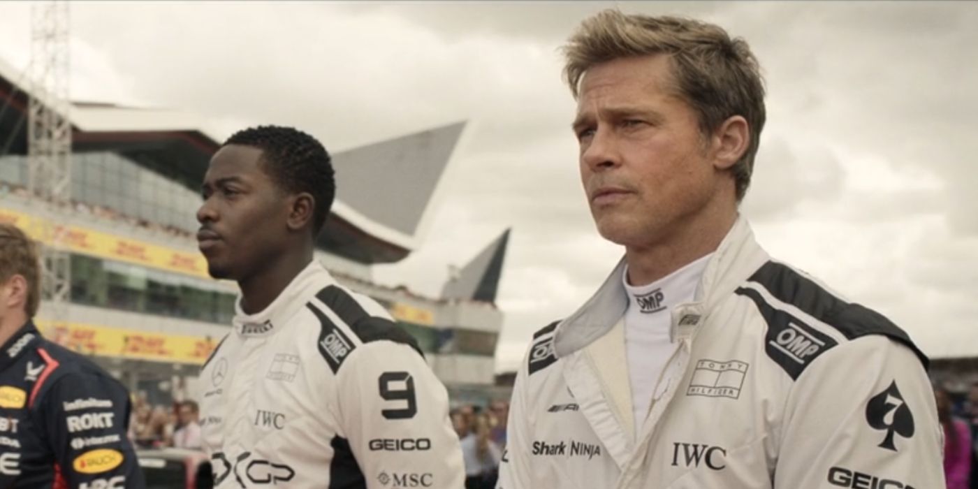 Brad Pitt y Damson Idris con uniformes de carreras de F1.