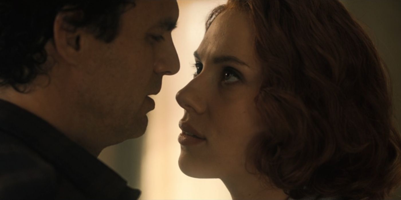 Mark Ruffalo as Bruce and Scarlett Johansson as Natasha look at each other in Avengers: Age of Ultron.