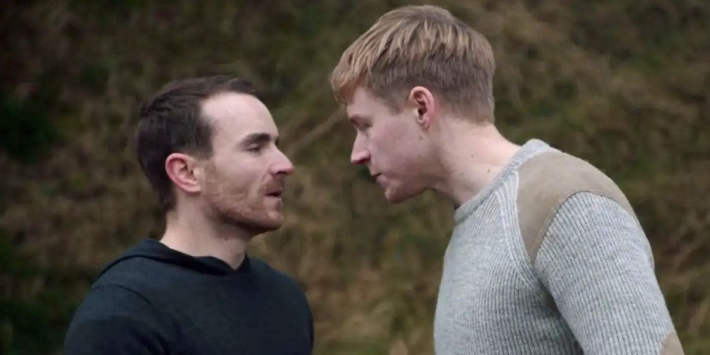 Jack Lowden as Vaughn and Martin McCann as Marcus having an argument in the woods in Calibre