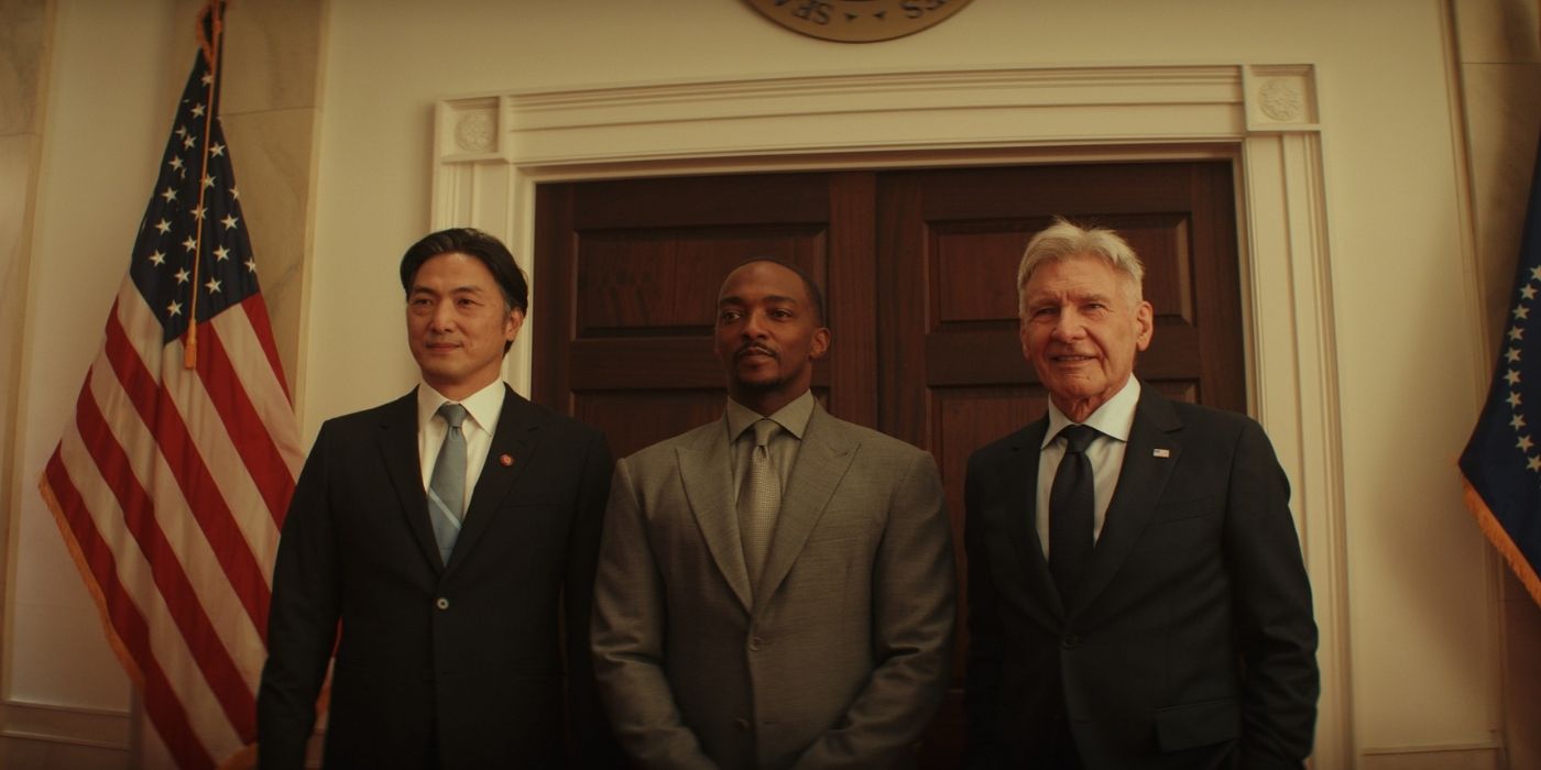 Sam Wilson and Thunderbolt Ross standing with another man in a suit in Captain America: Brave New World