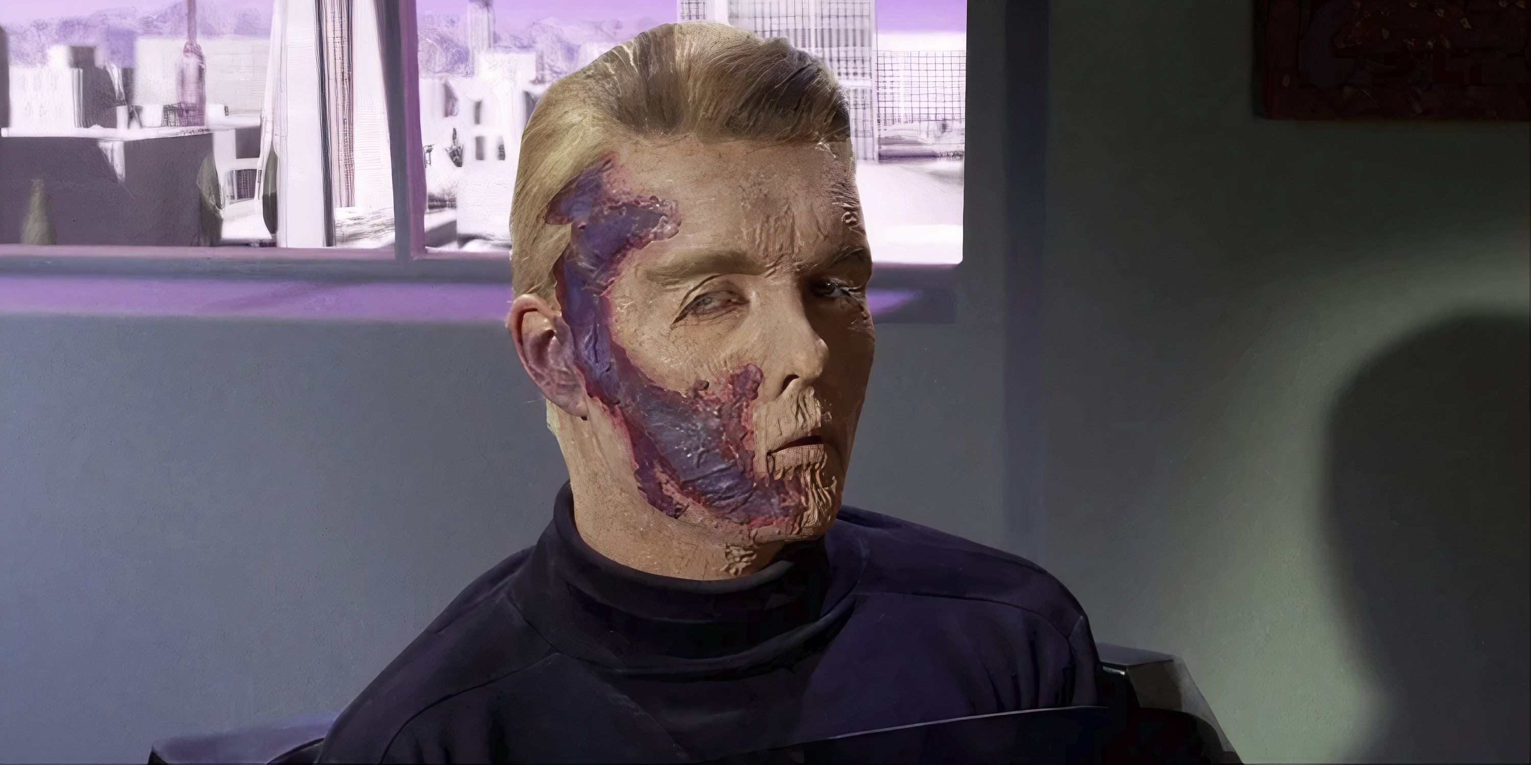 Captain Pike stuck in a pod with a scar across his wrinkled face in Star Trek: The Original Series