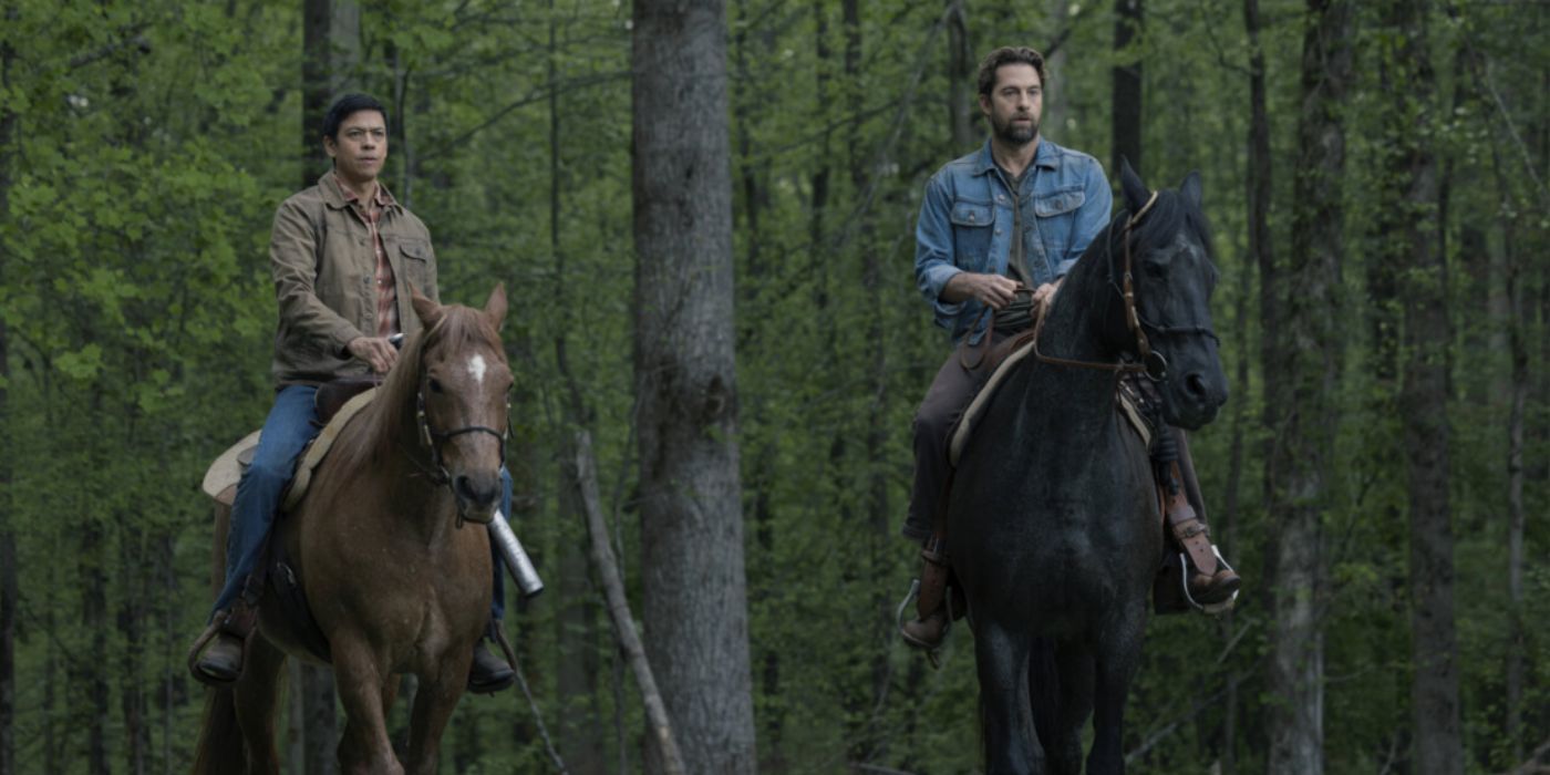 Chaske Spencer and Scott Speedman riding horses next to each other in 'Teacup' series.