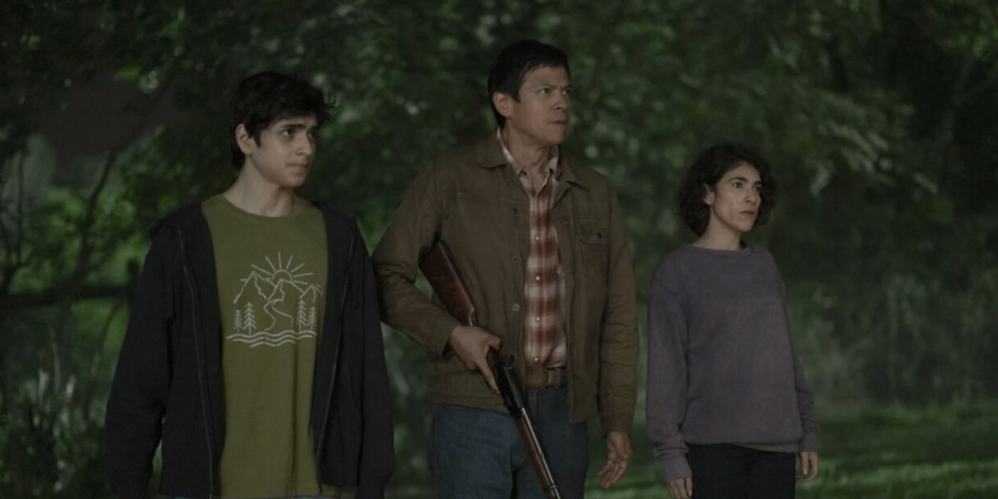 Chaske Spencer holding a gun next to Luciano Leroux and Ashley Shelton in 'Teacup' series.