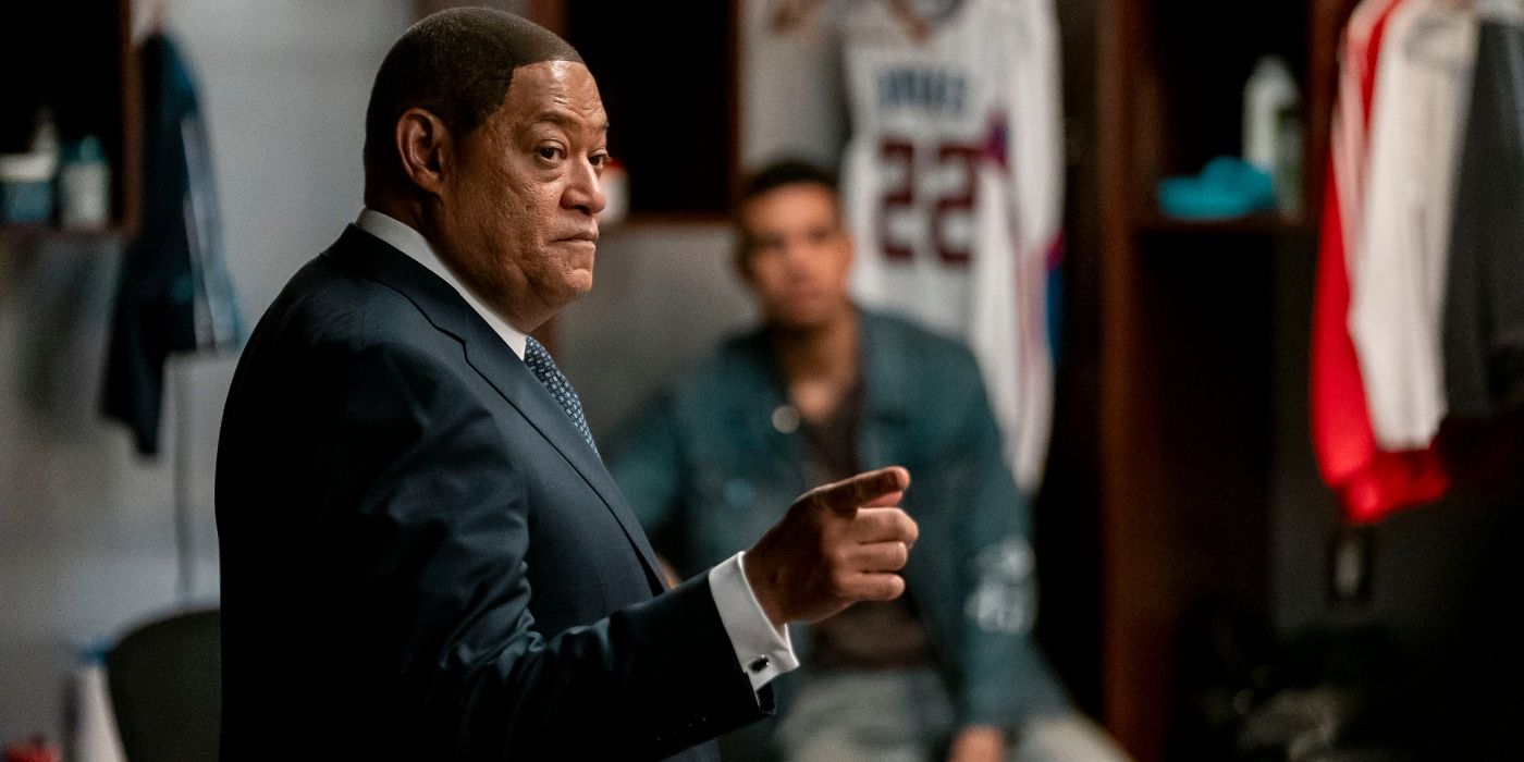 Laurence Fishburne pointing off-camera in a locker room in the Clipped finale