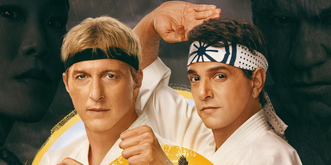 William Zabka and Ralph Macchio striking karate poses on the poster for Cobra Kai Season 6 Part 1.