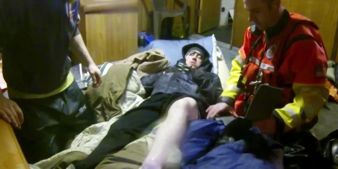 Two EMTs help someone with a gruesome leg injury on 'Deadliest Catch.'