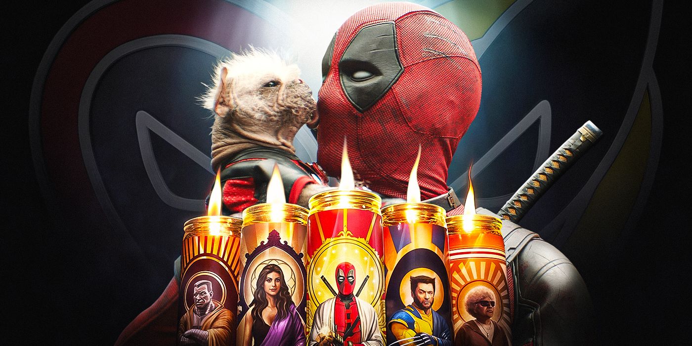 Deadpool holding Dogpool, with Prayer candles of Colossus, Vanessa, himself, Wolverine, and Blind Al below them.