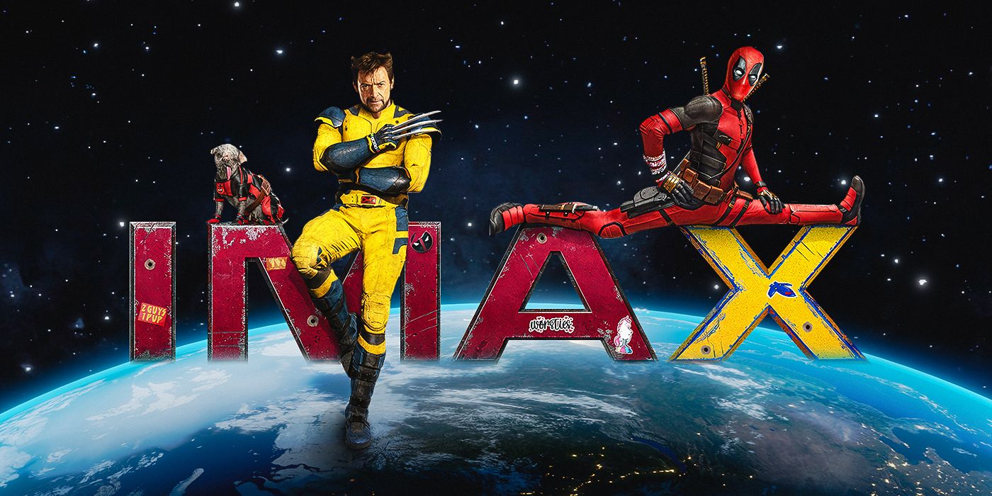 Deadpool, Dogpool, and Wolverine lounging on an imax sign in space over the earth