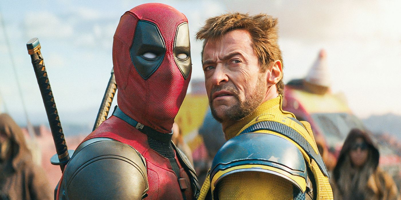 Ryan Reynolds as Deadpool and Hugh Jackman as Wolverine tied together in Wolverine & Deadpool. 