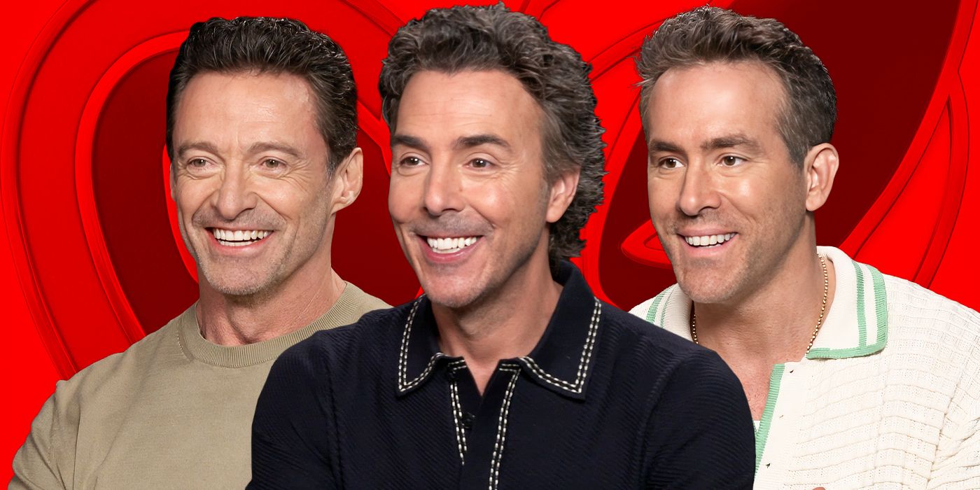 Custom image of Ryan Reynolds, Hugh Jackman, and Shawn Levy smiling during an interview