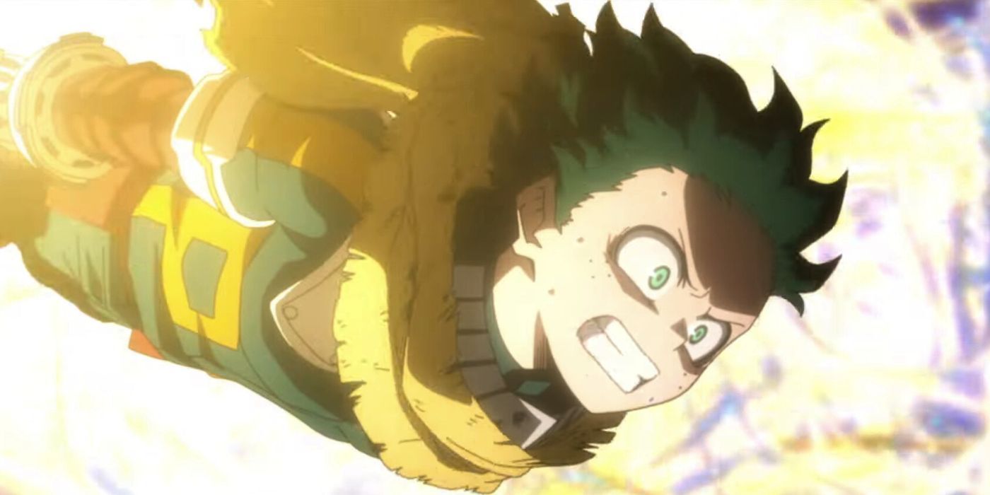 Deku volando rodeado de pequeñas explosiones en My Hero Academia You're Next 