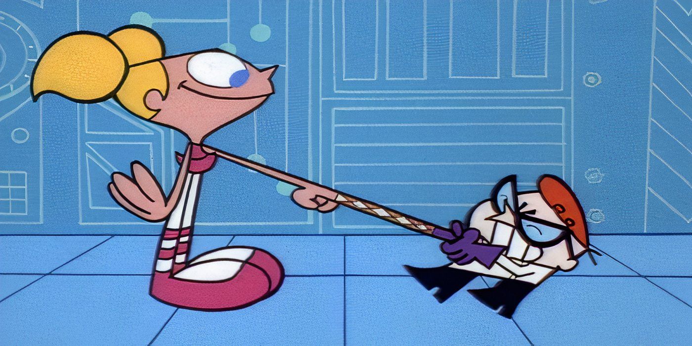 Dexter tugs on a finger trap that he's stuck in alongside Dee Dee in 'Dexter's Laboratory'