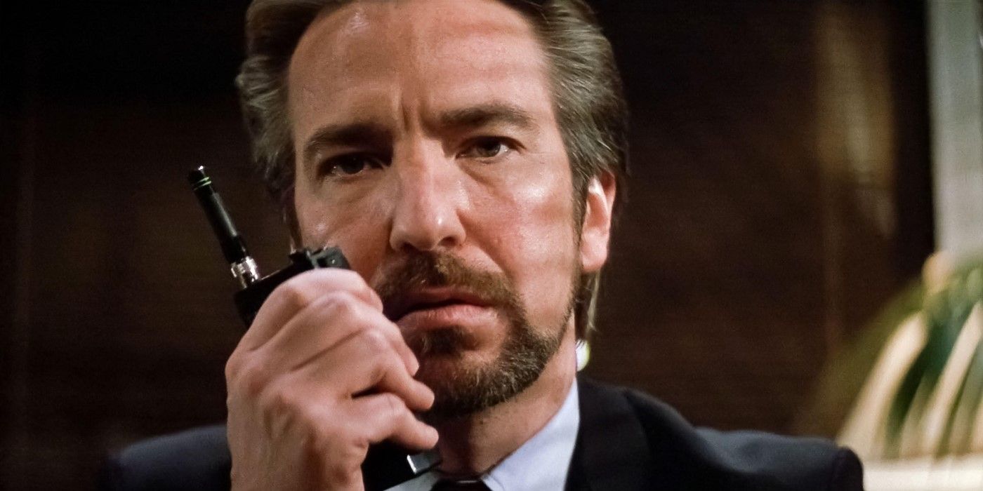 Hans Gruber (Alan Rickman) on a walkie talkie in 'Die Hard'