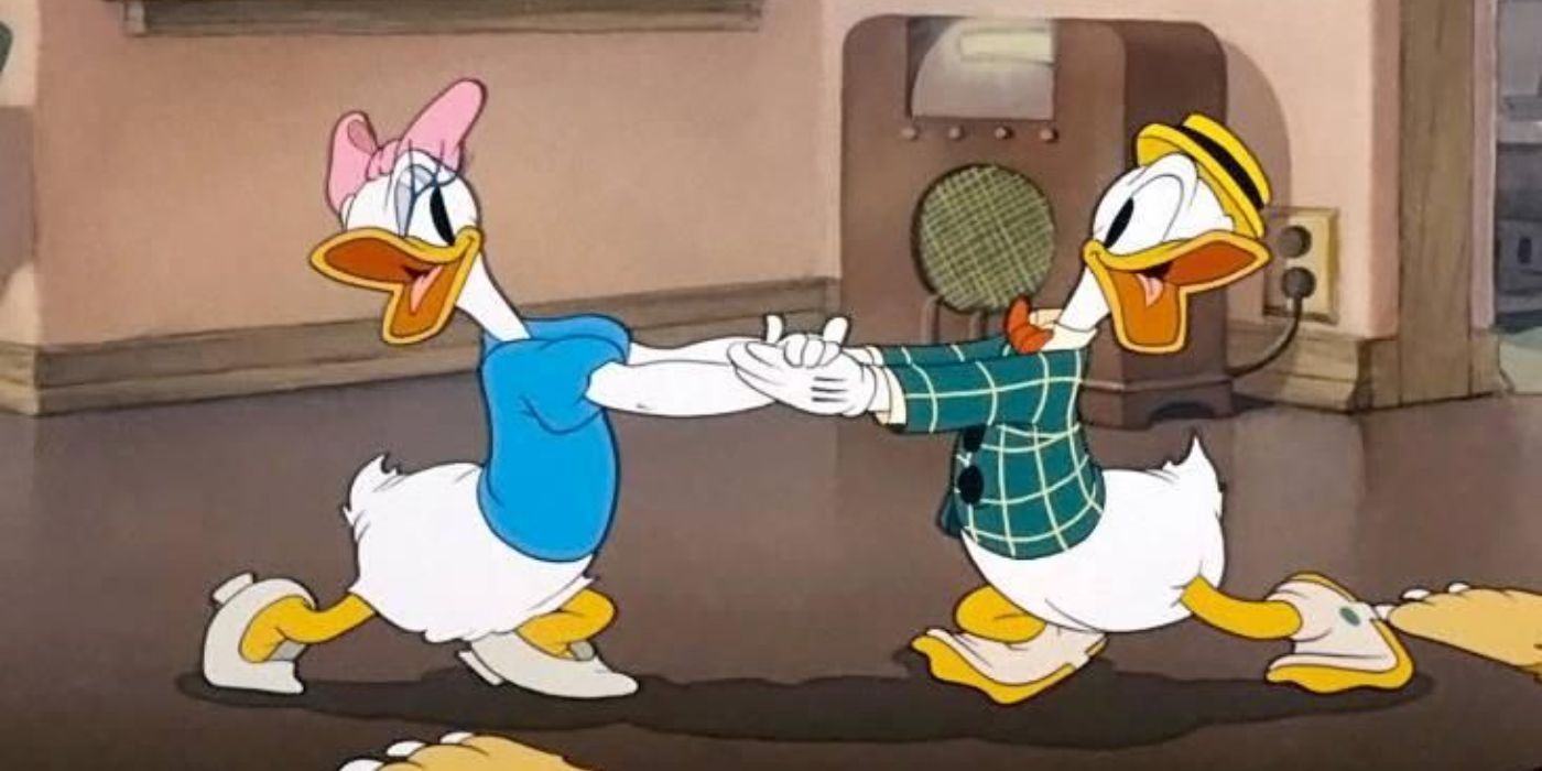 Donald Duck and Daisy Duck dancing in a house