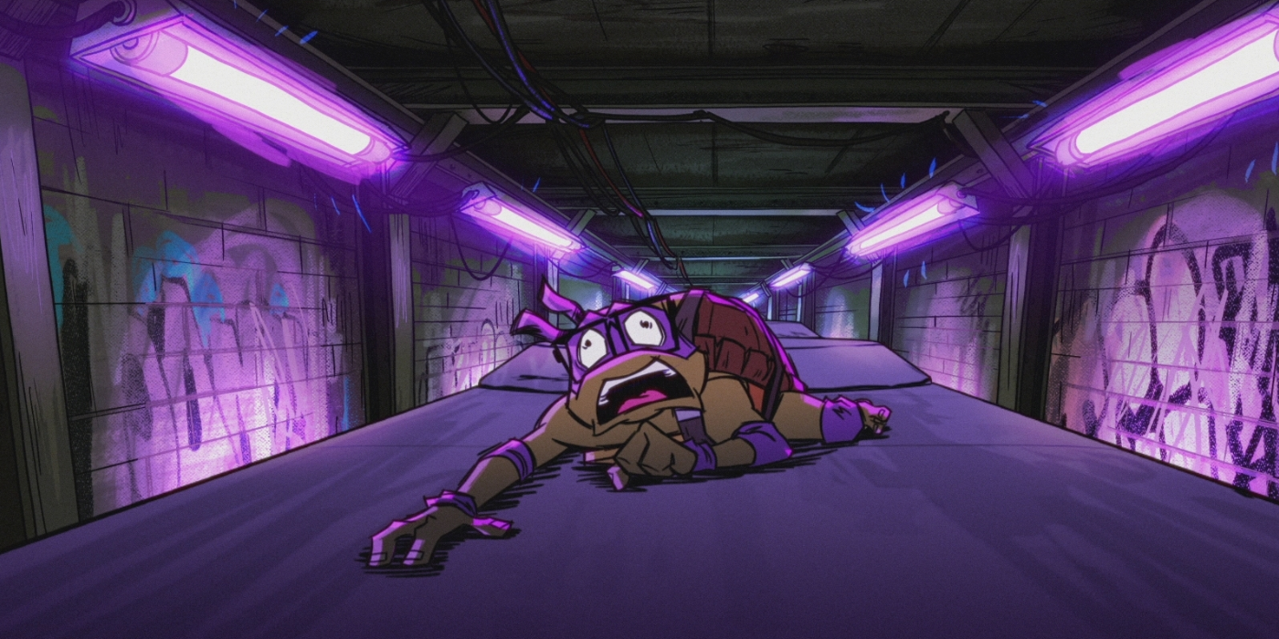 Donnie holding onto subway in Tales of the Teenage Mutant Ninja Turtles