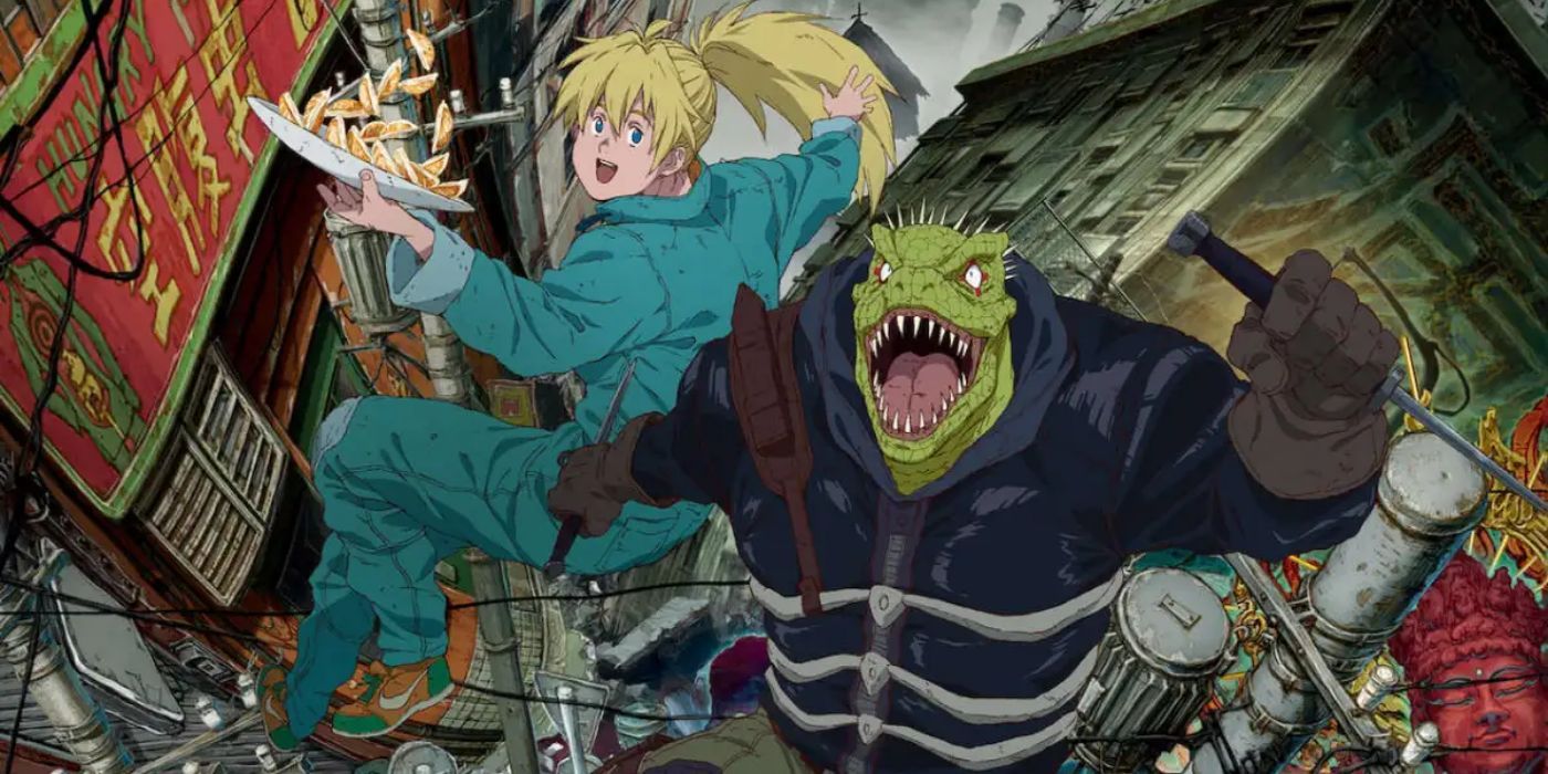 Caiman and Nikaido holding gyoza in Dorohedoro poster