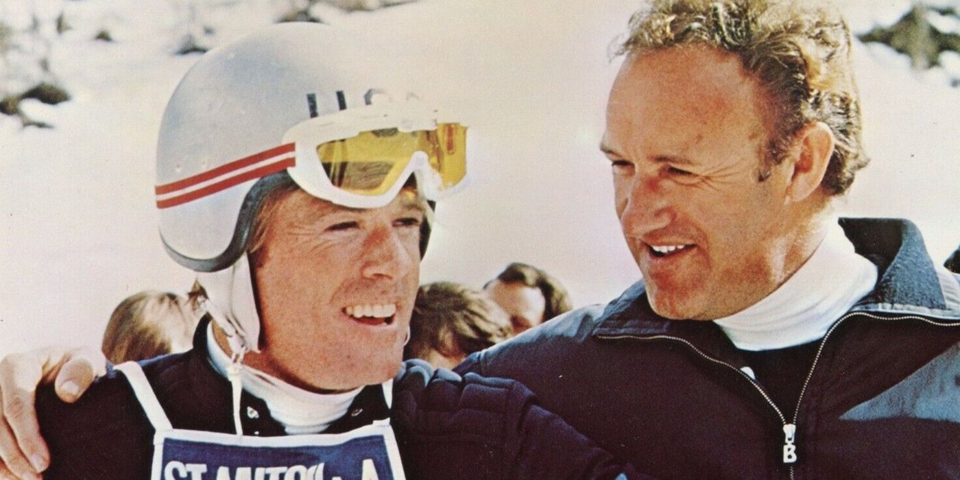 Robert Redford as David Chappellet & Gene Hackman as Eugene Claire smiling at each other in Downhill Racer