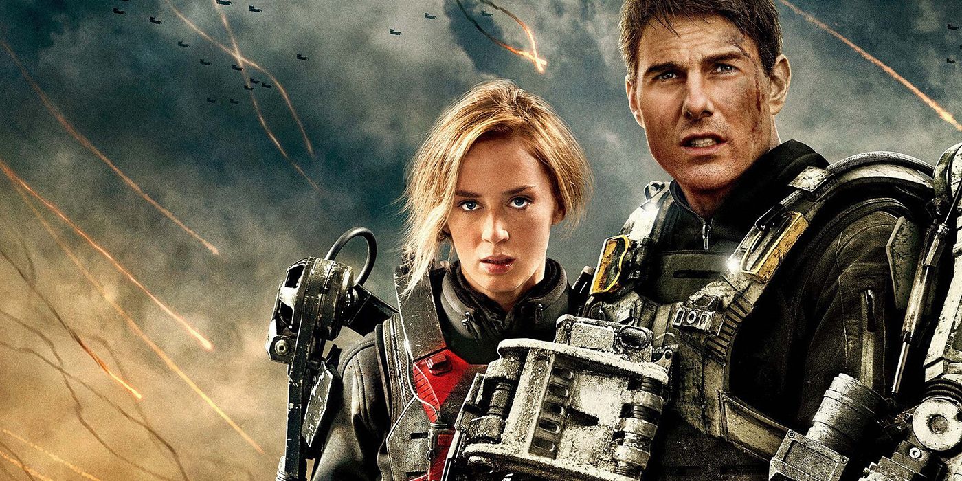 Emily Blunt's Rita with Tom Cruise's William in a promotional image for Edge of Tomorrow 