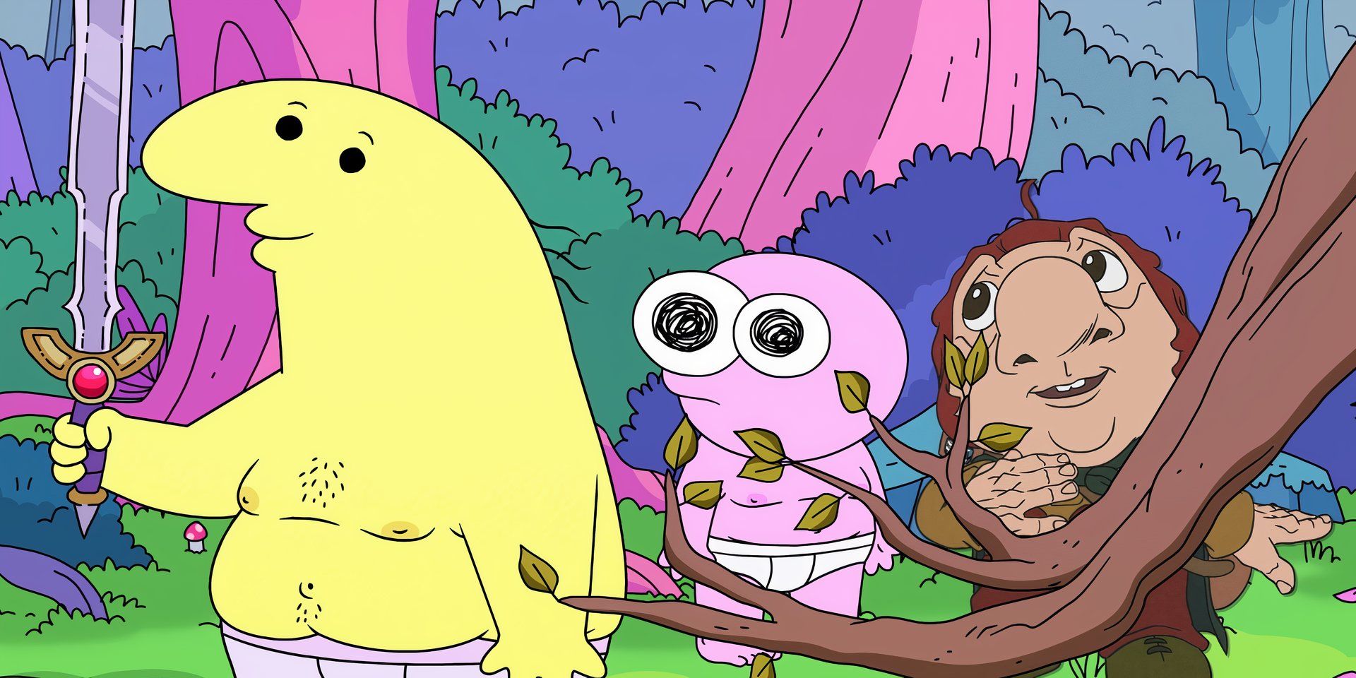 Charlie and Pim stand wearing only underwear, and accompanied by Mip. Charlie is holding a sword.