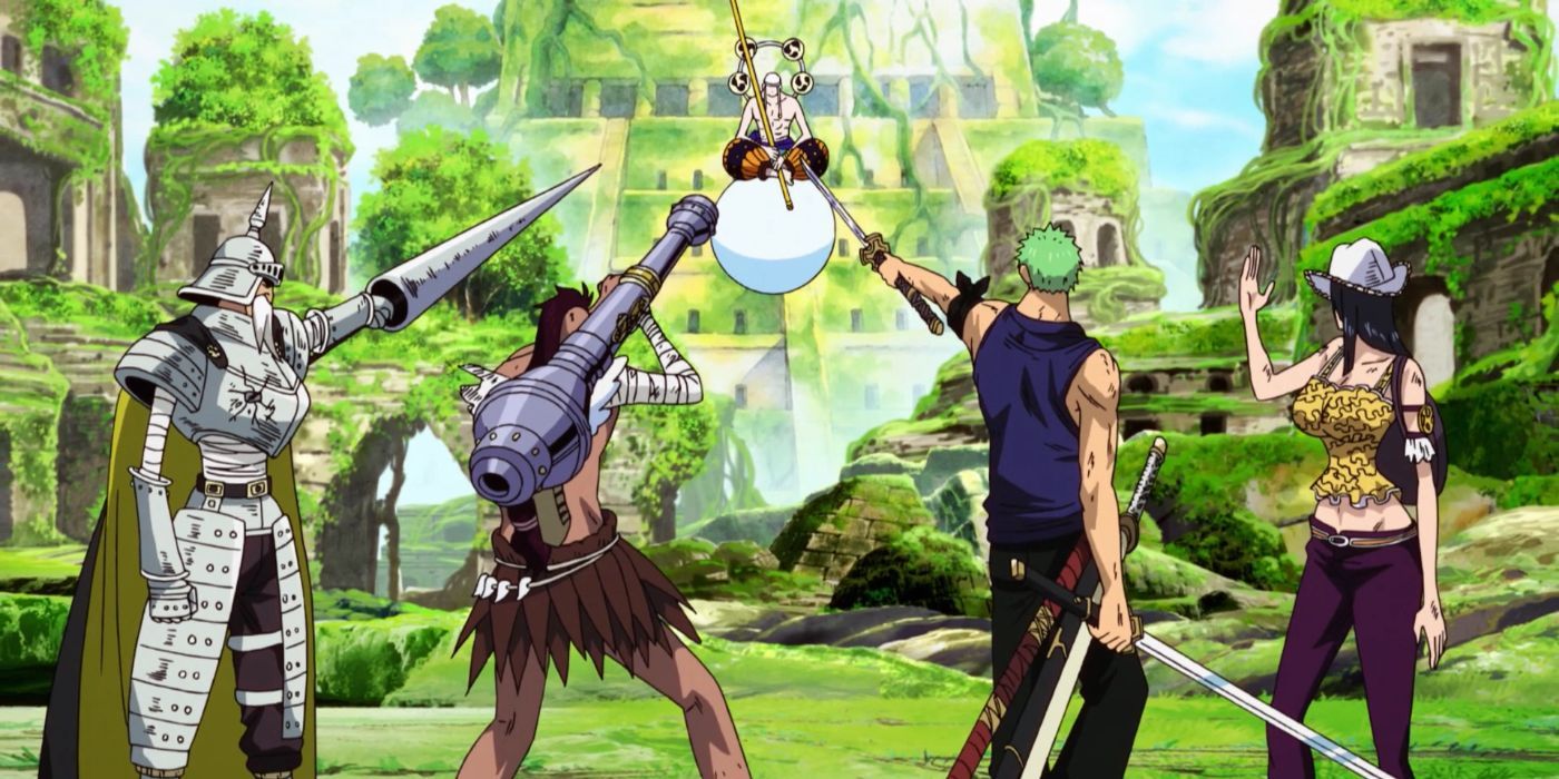Gan Fall, Wyper, Zoro and Robin facing off against Enel in skypiea in one piece