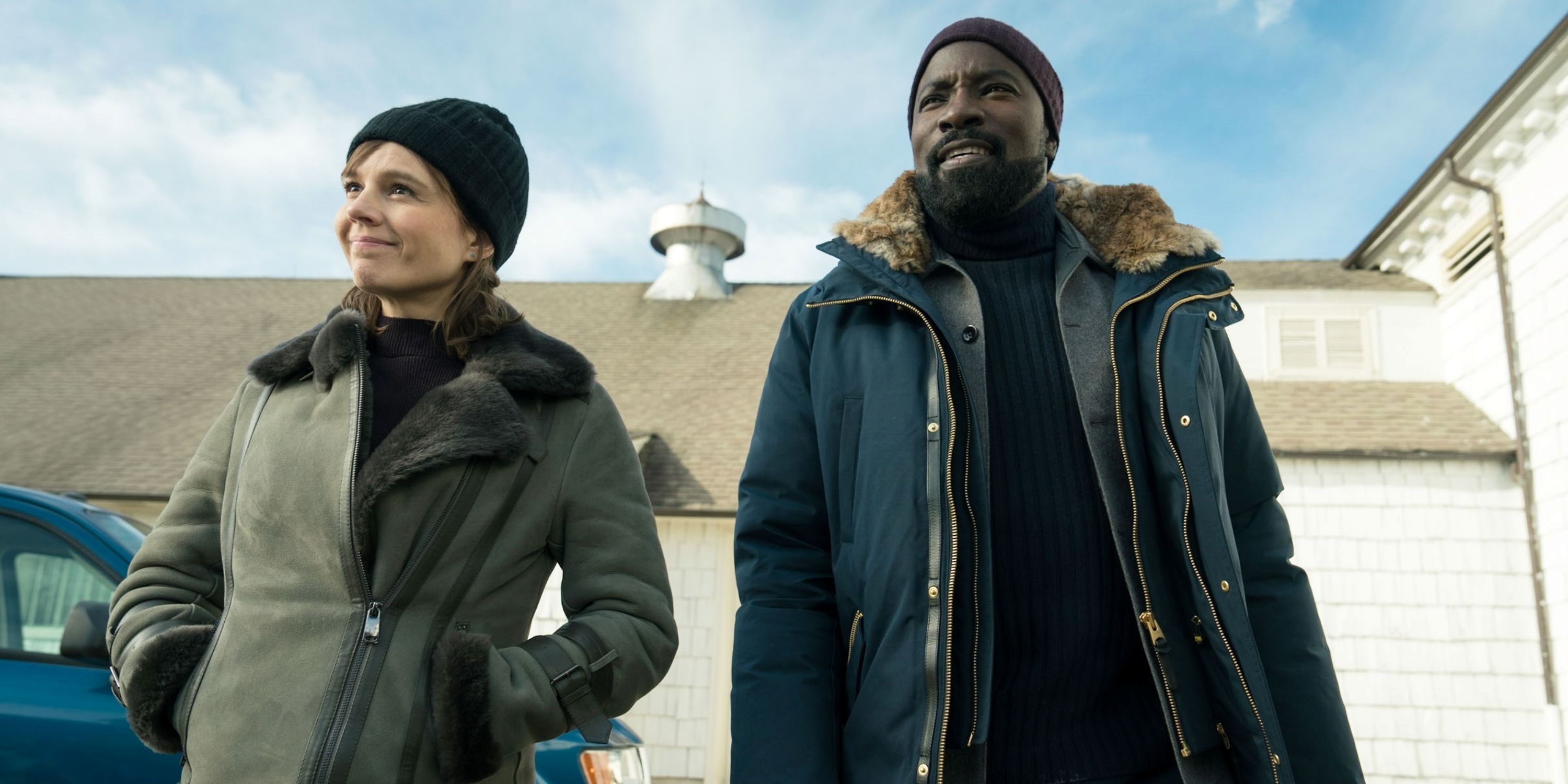 Katja Herbers as Kristen and Mike Colter as David standing side by side outside in Season 4 of Evil