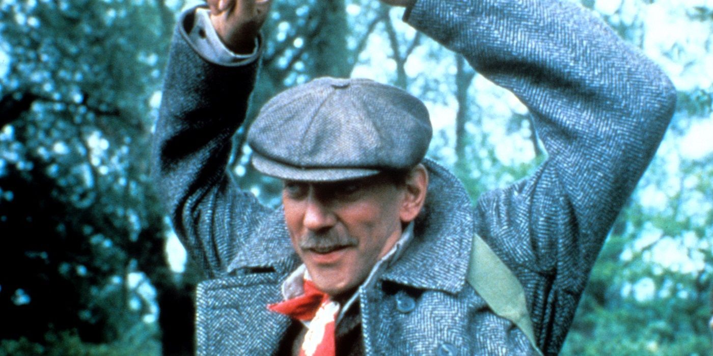 Donald Sutherland as Henry Faber with his hands up in Eye of the Needle