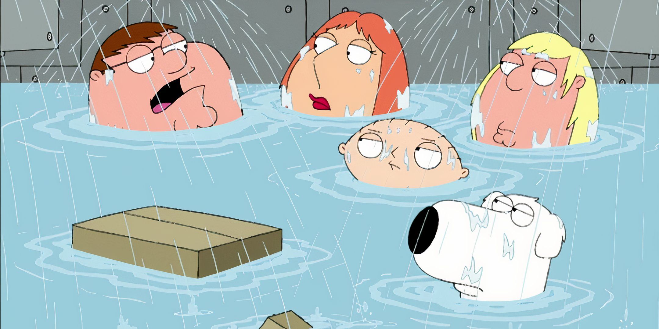 Peter (Seth MacFarlane) says his hot take while he, Lois (Alex Borstein), Stewie (Seth MacFarlane), Chris (Seth Green), and Brian (Seth MacFarlane) are about to drown in Season 4, Episode 27 of "Family Guy"