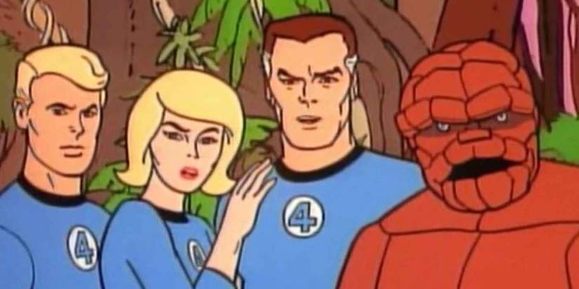 Johnny Storm, Sue Storm, Reed Richards, and The Thing in 'The Fantastic Four' 1967 animated series.