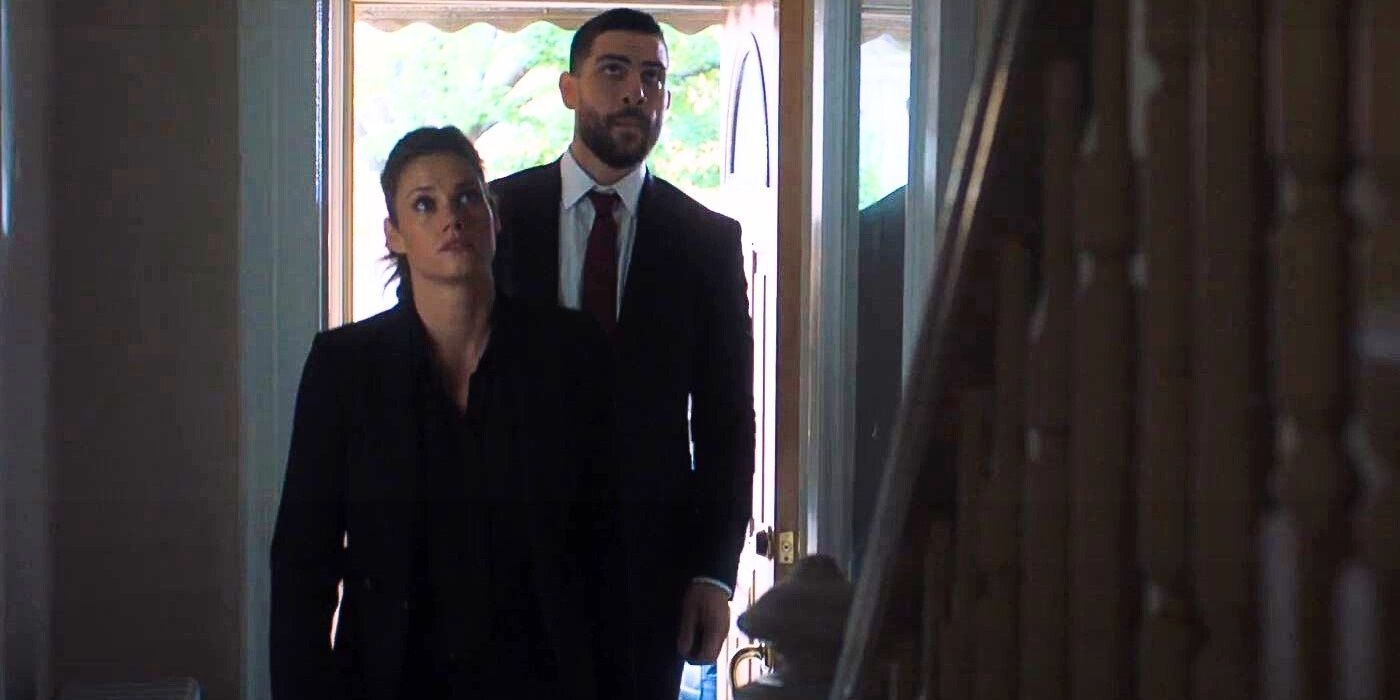 Maggie, played by Missy Peregrym, and OA, played by Zeeko Zaki, sweep a house on FBI