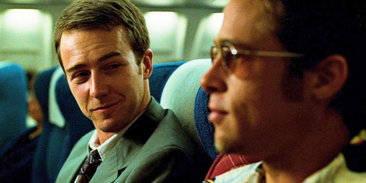 Edward Norton and Brad Pitt as The Narrator and Tyler Durden sitting next to each other on an airplane