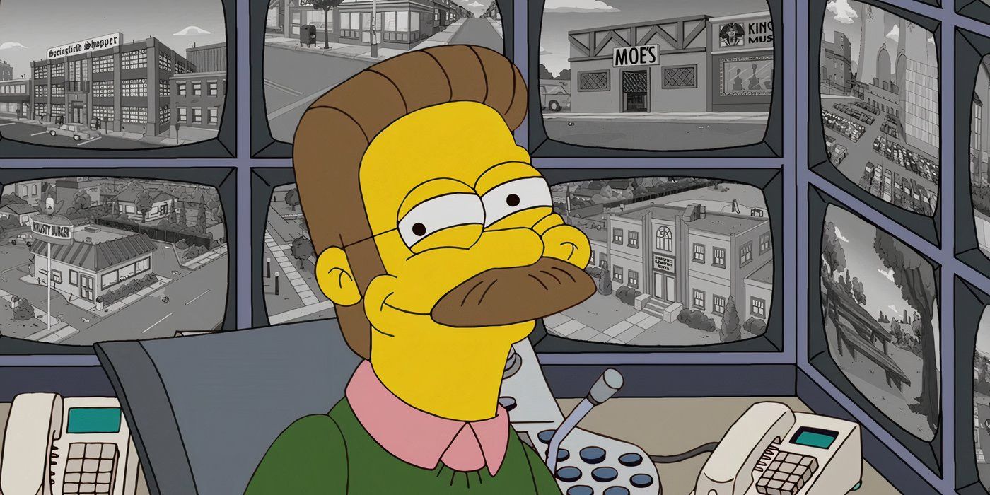 Flanders, sitting in a room full of TV monitors and grinning evilly