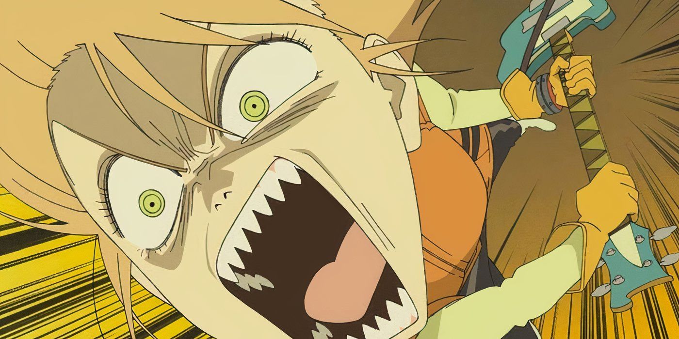Haruko winding up guitar and screaming with angry face in FLCL