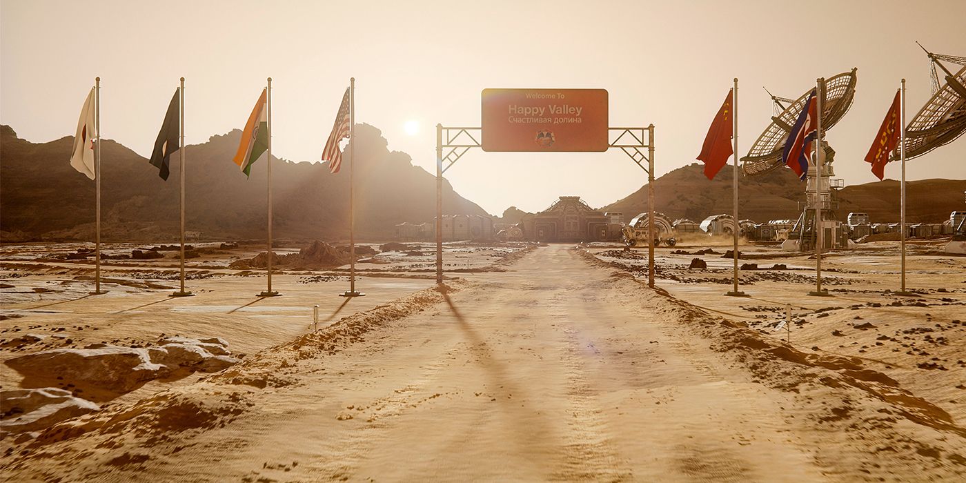 Mars base with flags and a Happy Valley sign with the sun on the horizon in For All Mankind.