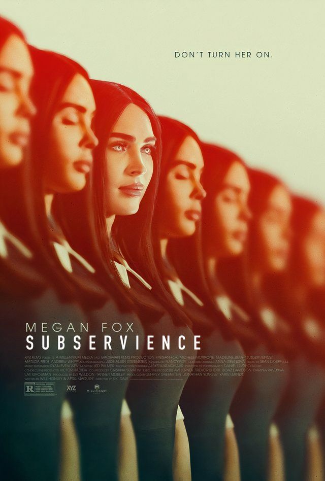 a lineup of megan fox robots stand in the poster for subservience - one has its eyes open while the others are in shutdown mode