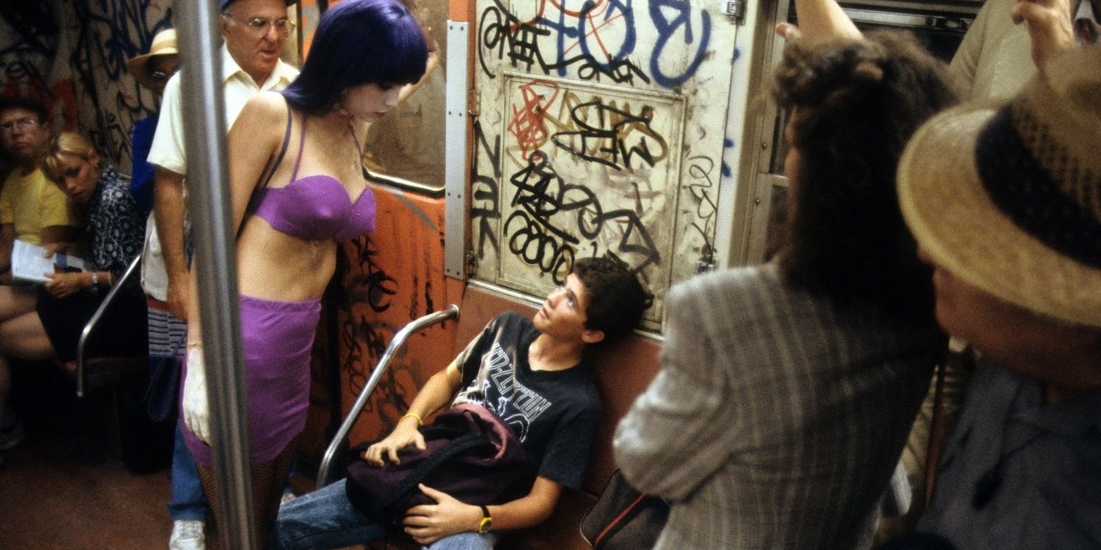 Patty Mullen as Elizabeth Shelley riding the subway in Frankenhooker