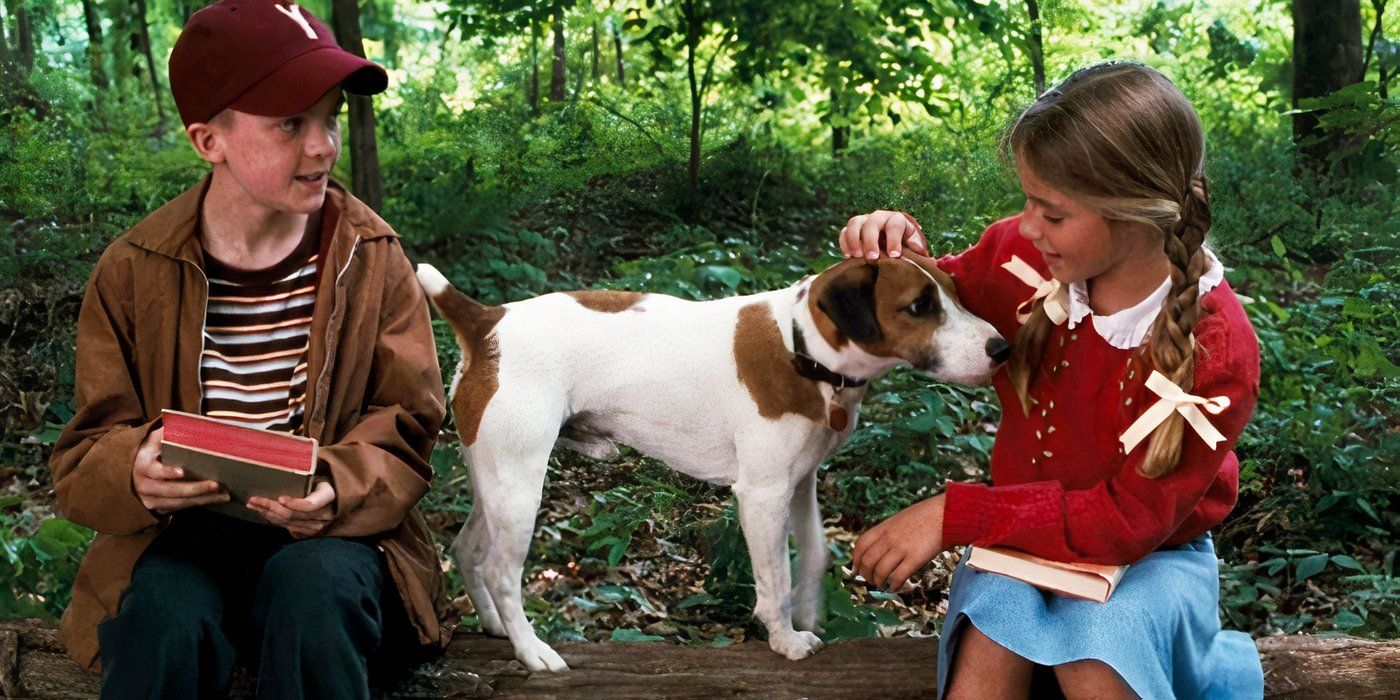 A young boy and a young girl sit on a log in the woods while the girl pets a terrier dog