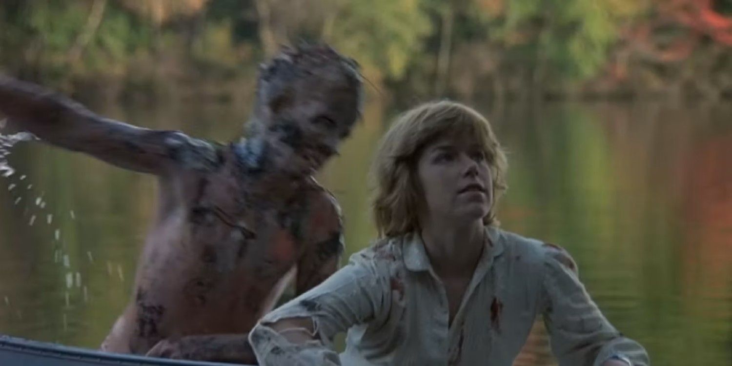 Jason Voorhees (Ari Lehman) leaps out of the water behind Alice Hardy (Adrienne King) in 'Friday the 13th'