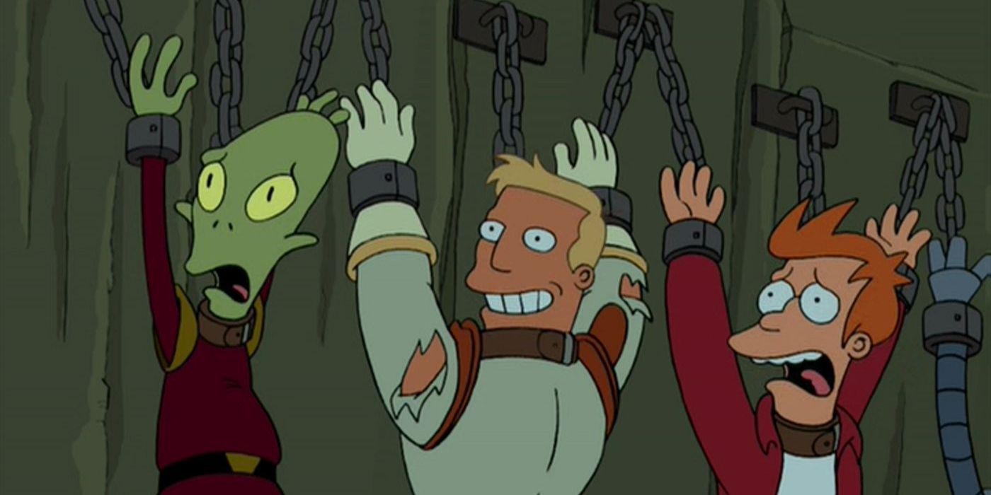 Kiff, Zapp Brannigan, Philip J. Fry, and Bender hang from the wall by chains