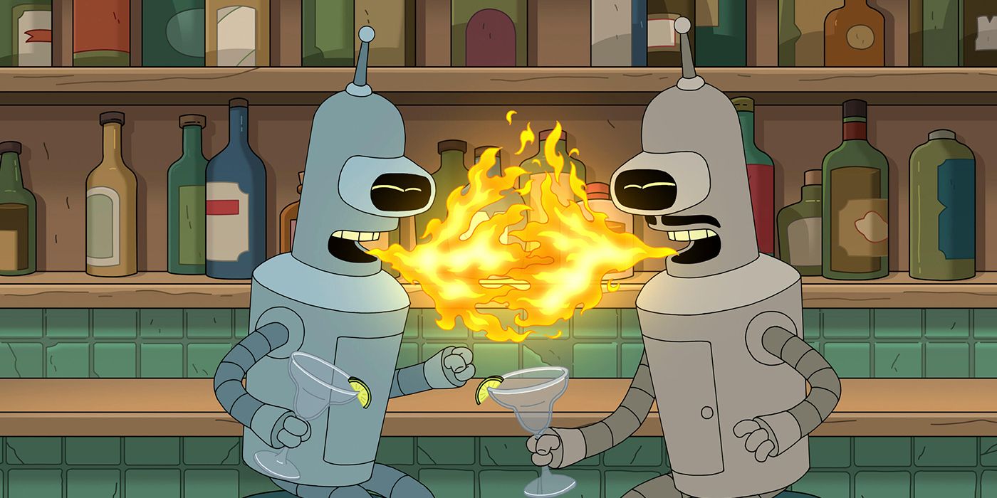 Bender sharing a cocktail with a not-so-distant relative in Futurama