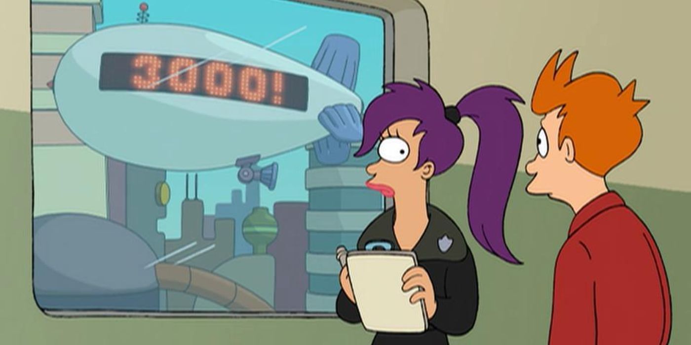 Turanga Leela &amp; Fry stand next to a window, outside of which is a blimp showing the coming new year in Futurama