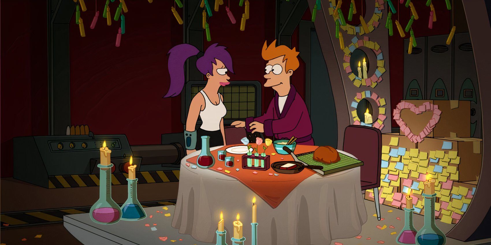 Fry showing Leela a candle lit romantic dinner created using supplies from the Planet Express office in the Futurama episode &ldquo;Fry and Leela&rsquo;s Big Fling&rdquo;